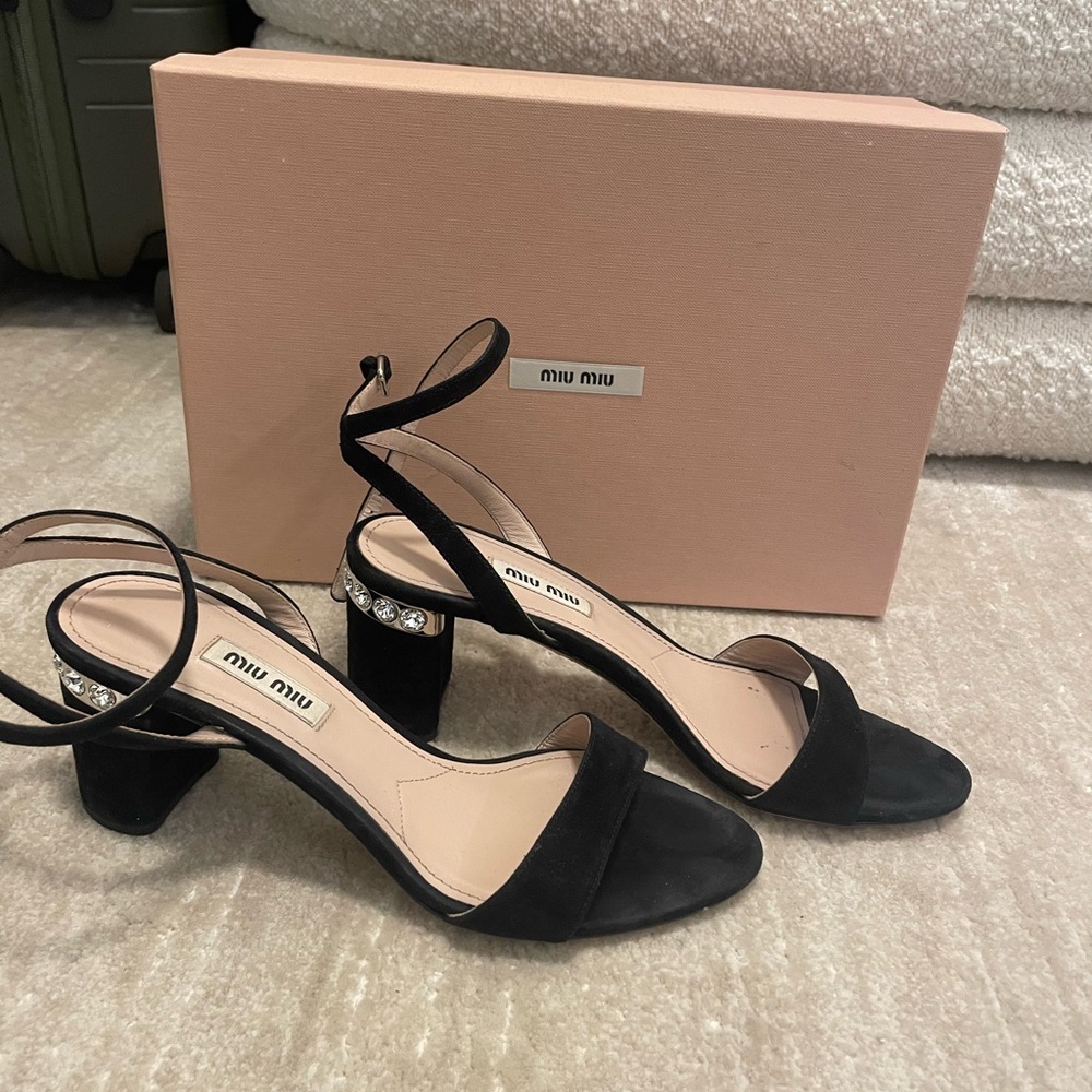 Miu Miu Black Suede Heels with Crystal Accent